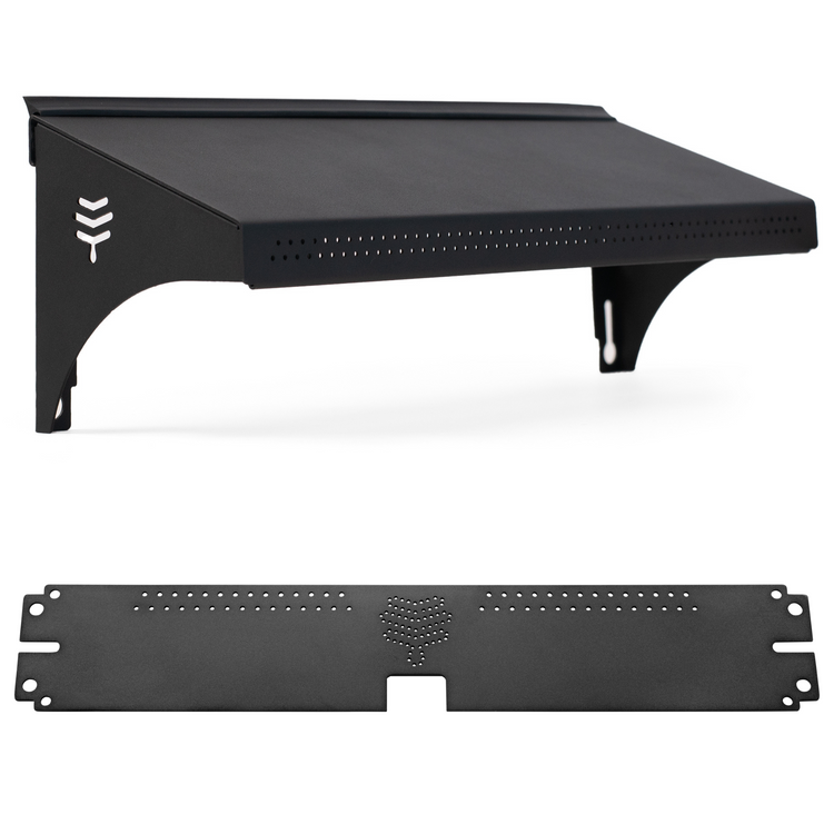 A black Flow Hive upgrade kit, consisting of a weather guard and an entrance reducer.